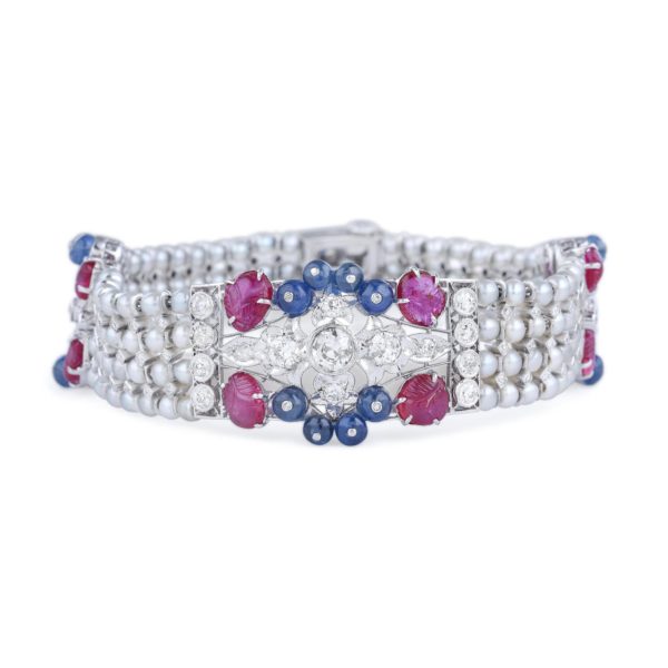 Art Deco Tutti Fruitti Natural Pearl Diamond Bracelet